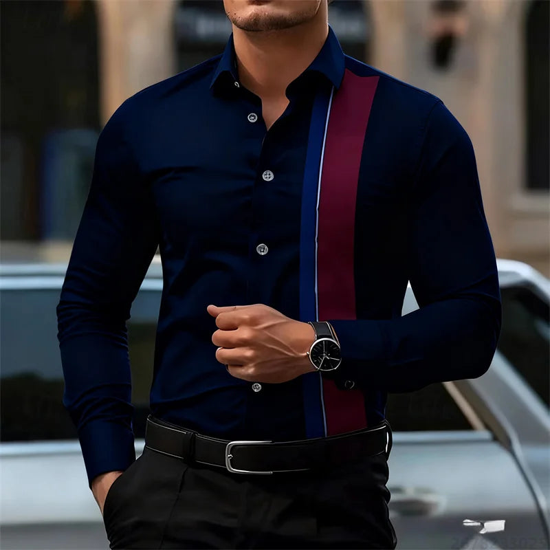 Men's fashionable contrast color striped long sleeve shirt European and American style business casual trendy casual men's shirt