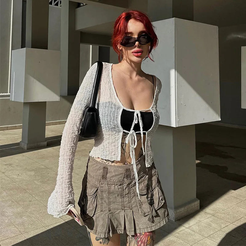 Gothic Lace Up Sexy Blouses Grunge Y2k Fairycore Long Sleeve T-shirts Female Transprent Skinny Fashion Tops