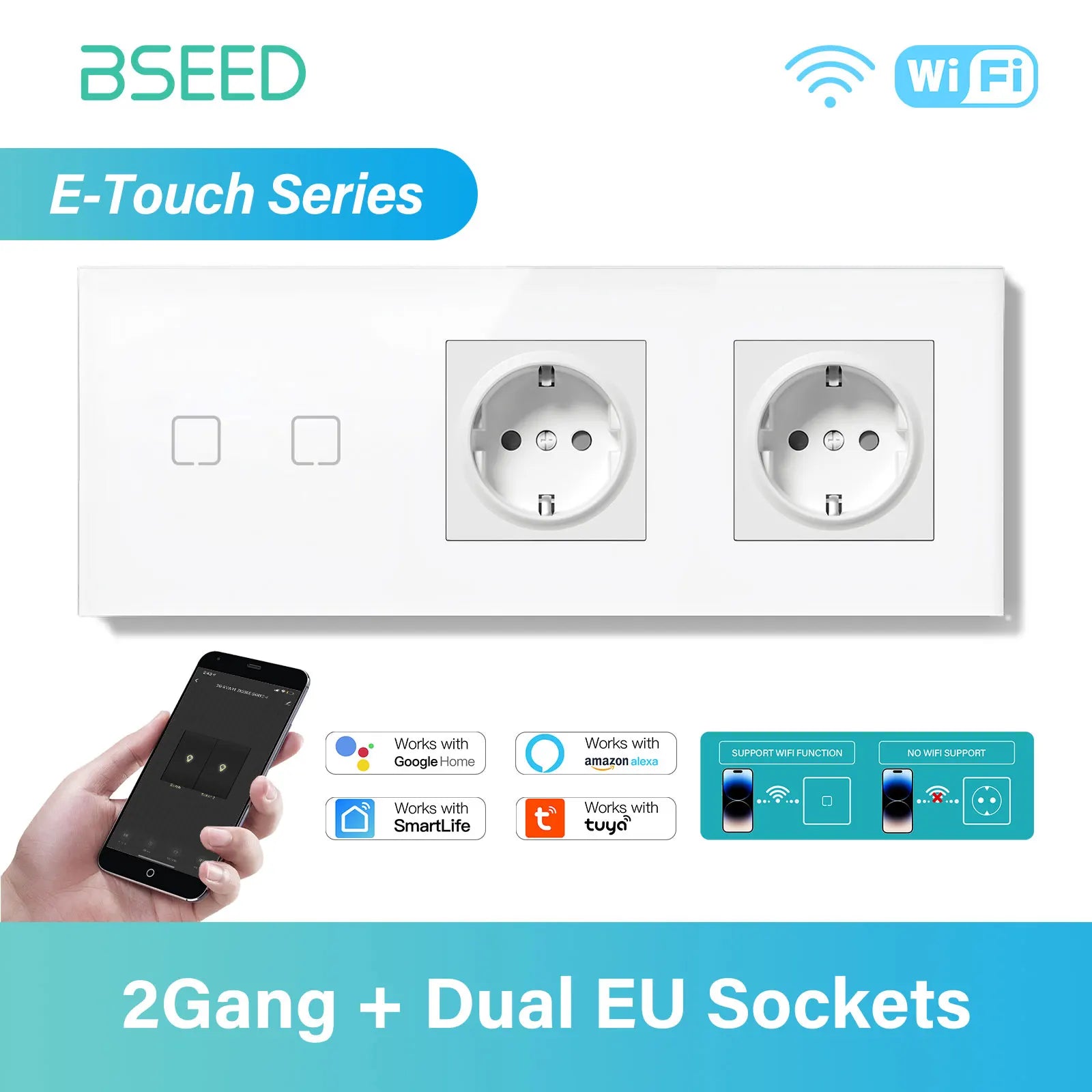 BSEED 1/2/3/4Gang WIFI Touch Switch Glass Panel Smart Wall Light Switch Touch Screen Phone Fast Charge USB C Socket E Series