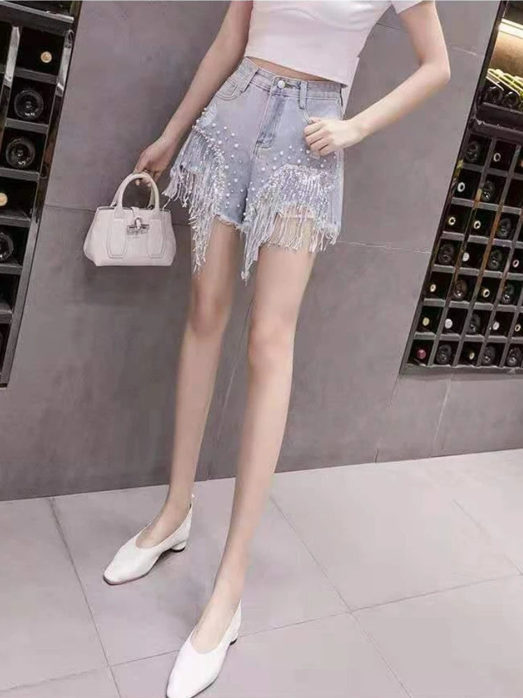 2026 Stylish High Waist Denim Shorts Women's Crystal Studded Fringe Detailed Craftsmanship Summer Fashion Shorts