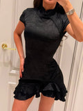 Satin Printed Mini Dress Women Elegant V Neck Puff Short Sleeve Waist-cinching A-line Dresses 2026 Summer Lady Party Robes
