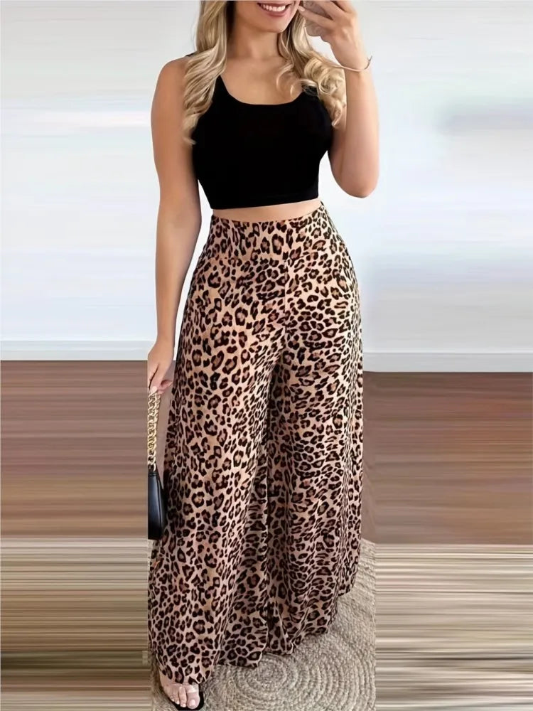 Women Two Piece Sets Outfits 2024 Summer Fashion Square Neck Sleeveless Crop Tank Top & Leopard Print Pocket Wide Leg Pants Set