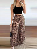 Women Two Piece Sets Outfits 2024 Summer Fashion Square Neck Sleeveless Crop Tank Top & Leopard Print Pocket Wide Leg Pants Set