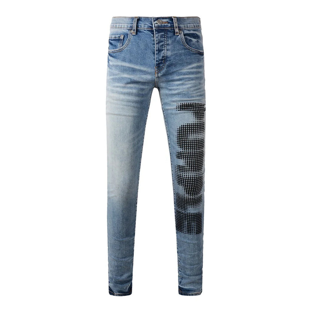 High Street American Distressed Men's Jeans Fashion Brand Coated Blank Stretch Skinny Button Fly Ripped Pants Trousers