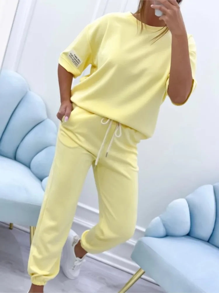 Fashion O Neck Short Sleeve Solid Color T-shirt Women Trousers 2-piece Set Summer Casual Sports Elastic Small Feet Trousers Suit