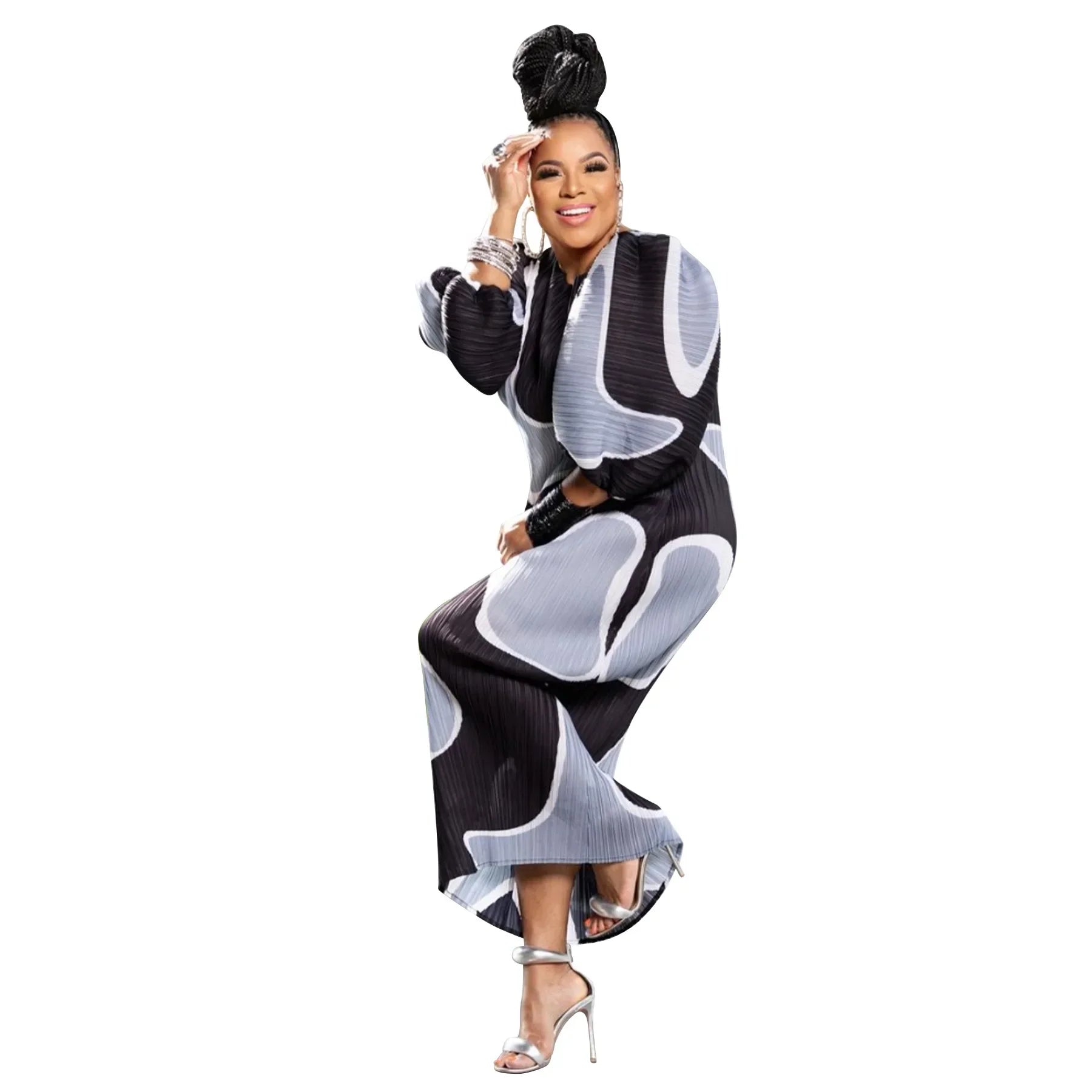 Elegant Women Pleated Half Lantern Sleeve O-neck Slim Maxi Long Dress Print Fashion Autumn 2025 Ruched Dresses Vestidos