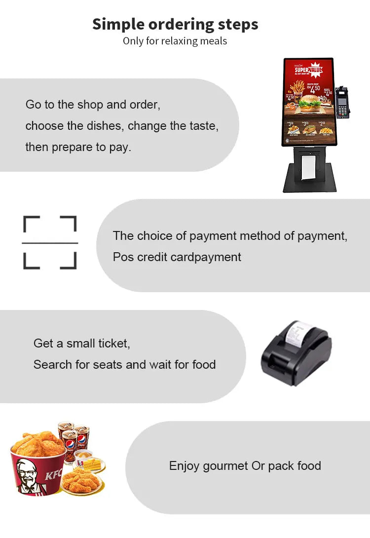 Desktop vertical 15.6 21.5 touchscreen POS end point self checkout kiosk with printer QR code scanner