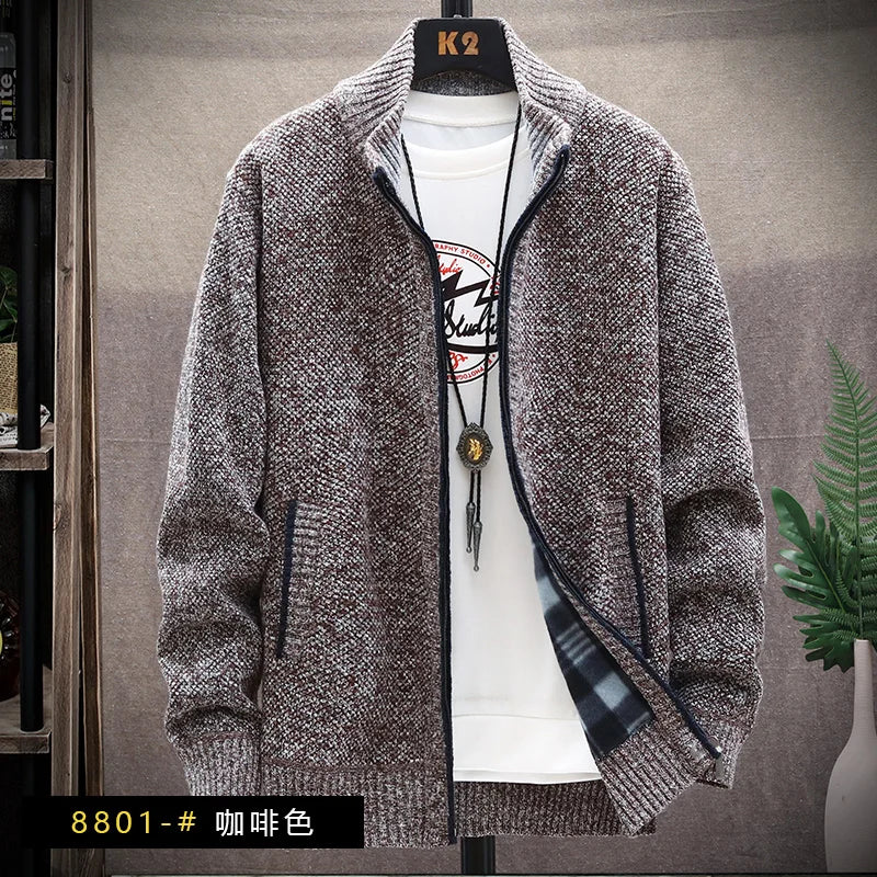 Men's Knitted Sweater Cardigan Thickened Fleece Hooded Casual Style Warm Outerwear Autumn Winter New Arrival Korean Version