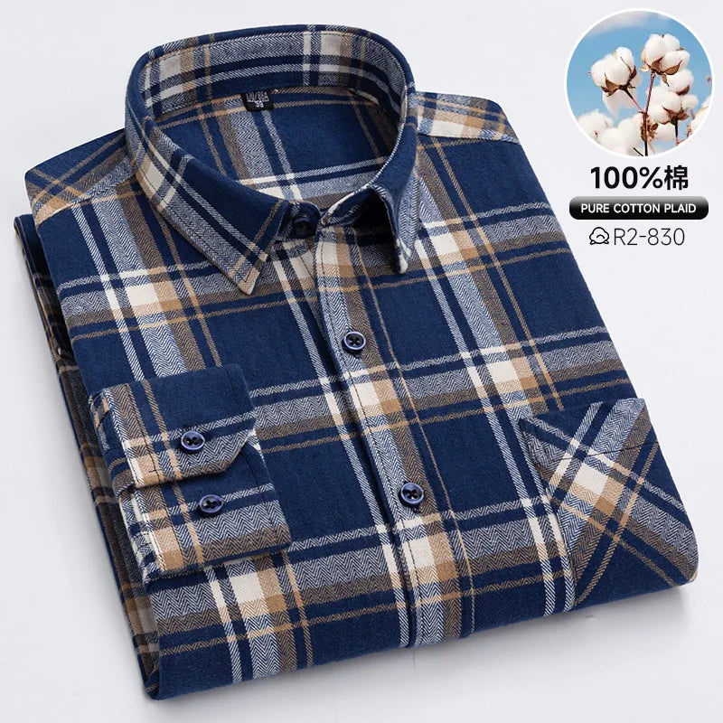 Classic Retro Plaid Flannel Shirt Long Sleeve 100% Cotton Fashion Casual Soft Spring Autumn Winter Standard Pocket Men's Shirt