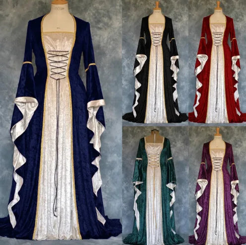 Halloween Women 3XL Plus Size Medieval Retro Court Princress Cosplay Costume Long Dress Elegant Witch Square Collar Masquerade