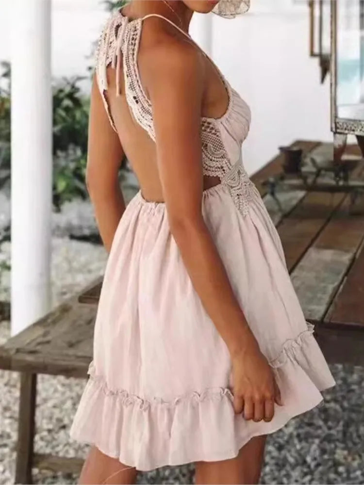 2025 Women Sexy Backless Lace Mini Dress Fashion Elegant V-neck Beach Vacation Sleeveless Dress Summer Party Nightclub Vestidos