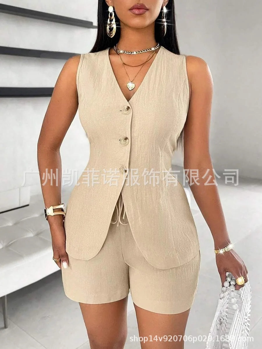 Women Fashion Casual Shorts Set Summer Vest Top Button Solid 2 Pieces Set Lace-up Pant Suits Womens Clothing Office Holiday 2025