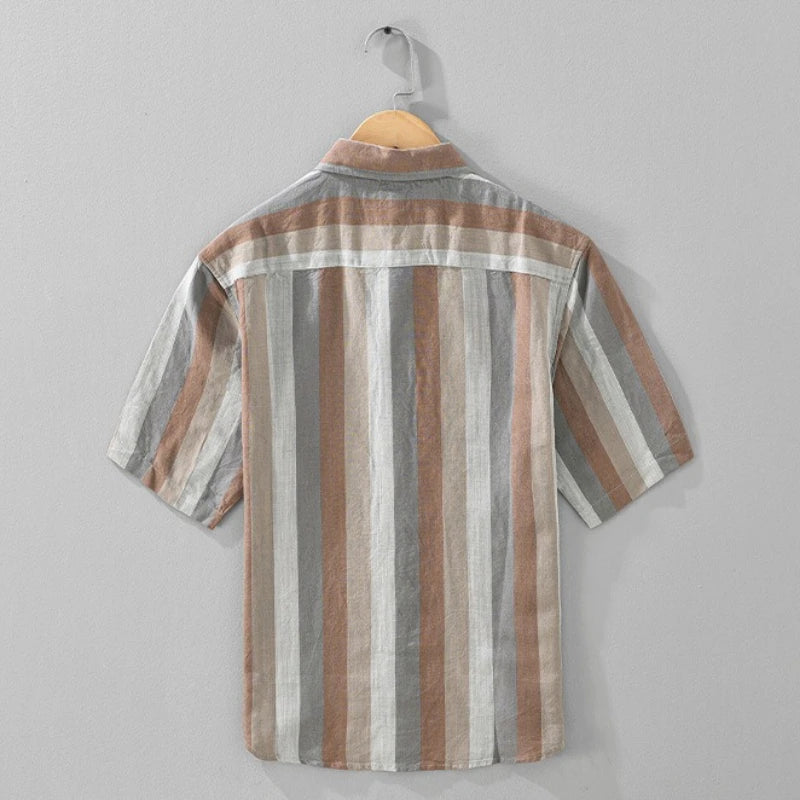 Summer New Linen and Lyocell Cooling Striped Half Sleeve Shirt for Men Casual Turn-down Collar Shirt  EC1292