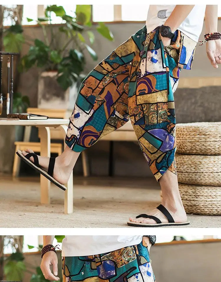 Men's Casual Cotton Linen Seven-Foot Pants Summer plus Size Lantern Loose Fit Shorts Harlan Style Comfortable Breathable Leis...