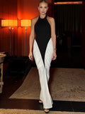 Nibber Folds Maxi Dress Women Black White Patchwork Peach Butt Halter Backless Slit Summer Trend Temperament Clubwear Vestidos