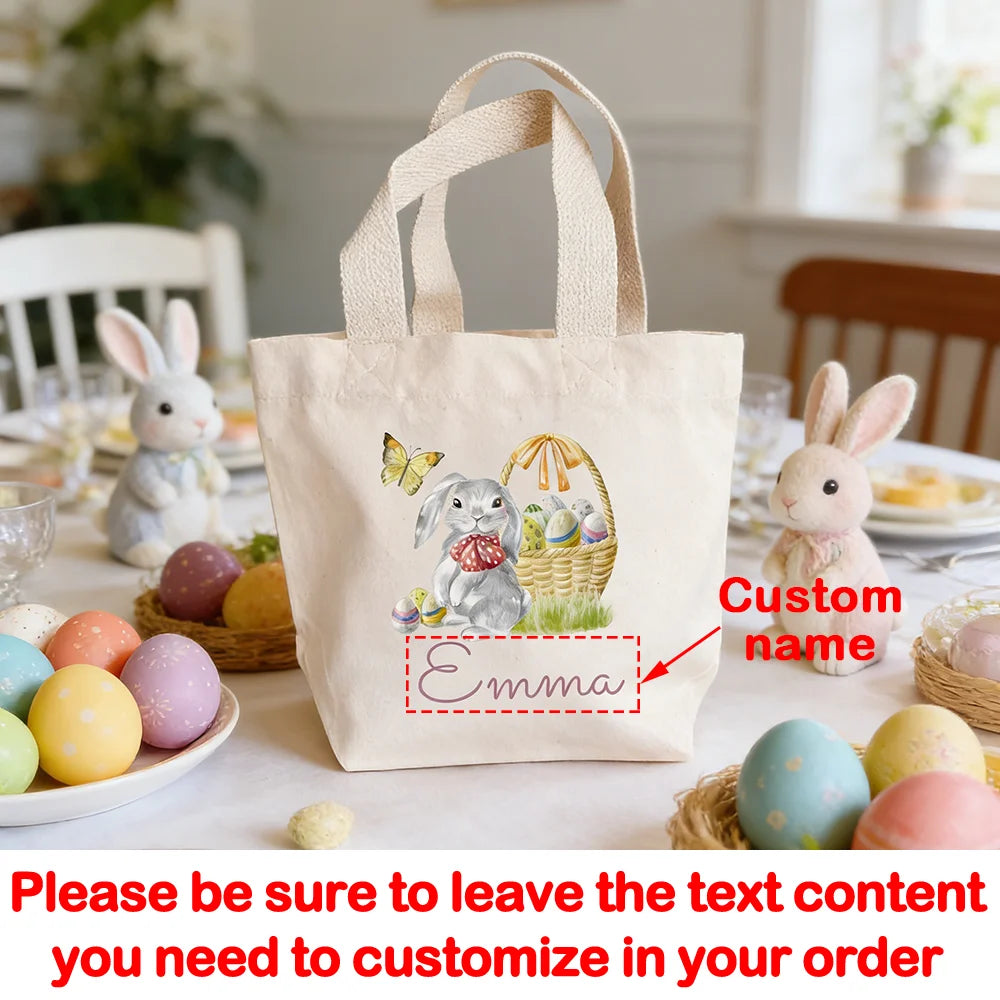 Personalised Cute Bunny Mini Easter Tote Bag with Name Spring Egg Hunt Game Basket for Girls or Boys Easter Hunting Squad Supply