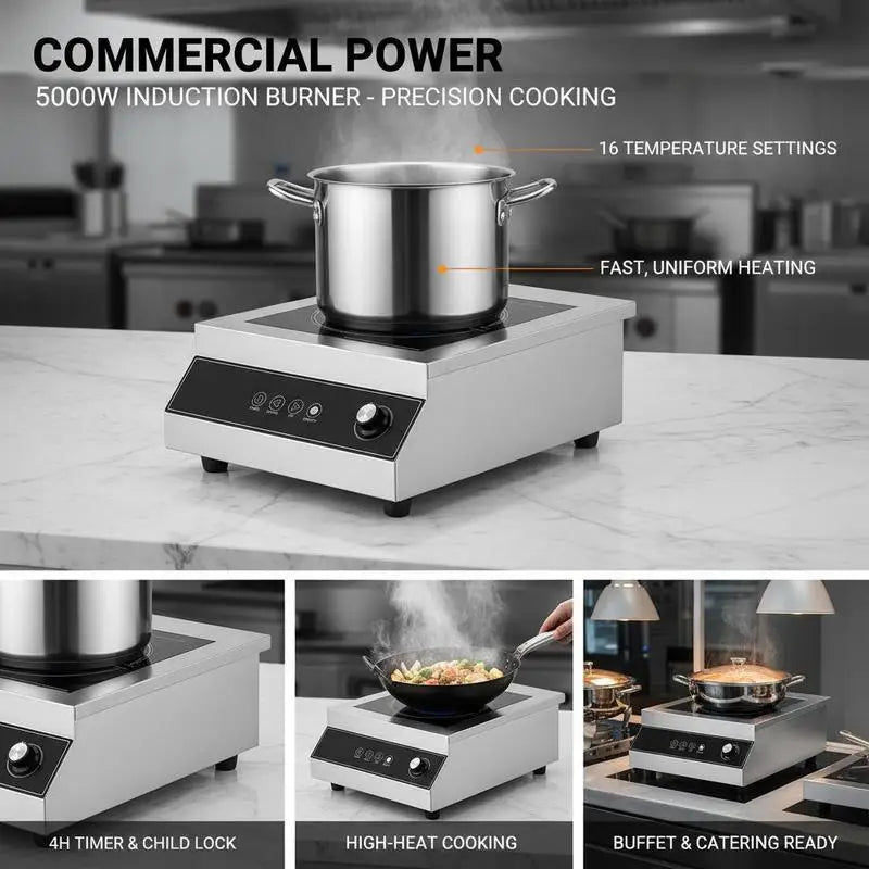 Portable Induction Cooktop, 5000W Commercial Induction Burner with 16 Temperature Settings, Stainless Steel Countertop Induction Hot Plate with 4H Timer, Child Lock, for Restaurant Cooking