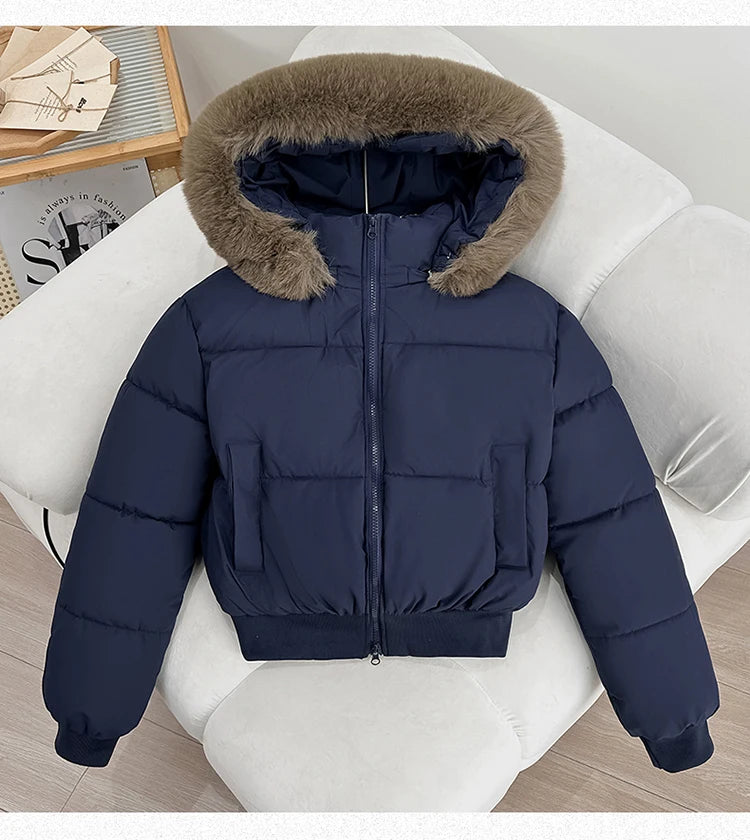 Women's Short Thickened Winter Cotton Jacket Quilted Coat Fur Collar American Retro Style Warm Casual Fashion Regular Fit