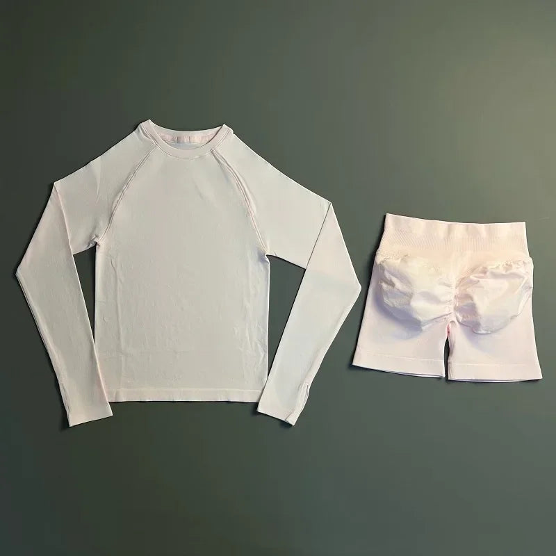 2 Piece Fitness Outfit Women Raglan Long Sleeve Crew Neck Top Hip Shaping Scrunch Shorts Stretch Soft Dance Gym Workout Set
