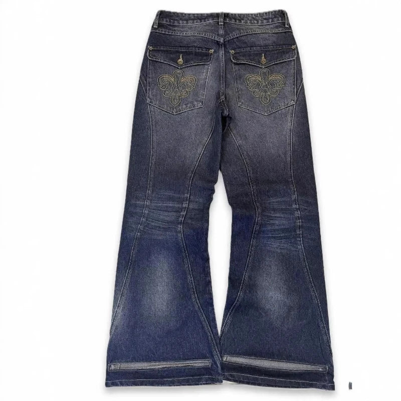 Mens Jeans Harajuku Vintage Streetwear Embroidery Hip Hop Denim Pants Washed Distressed Straight Leg Loose Fit Casual Unisex New