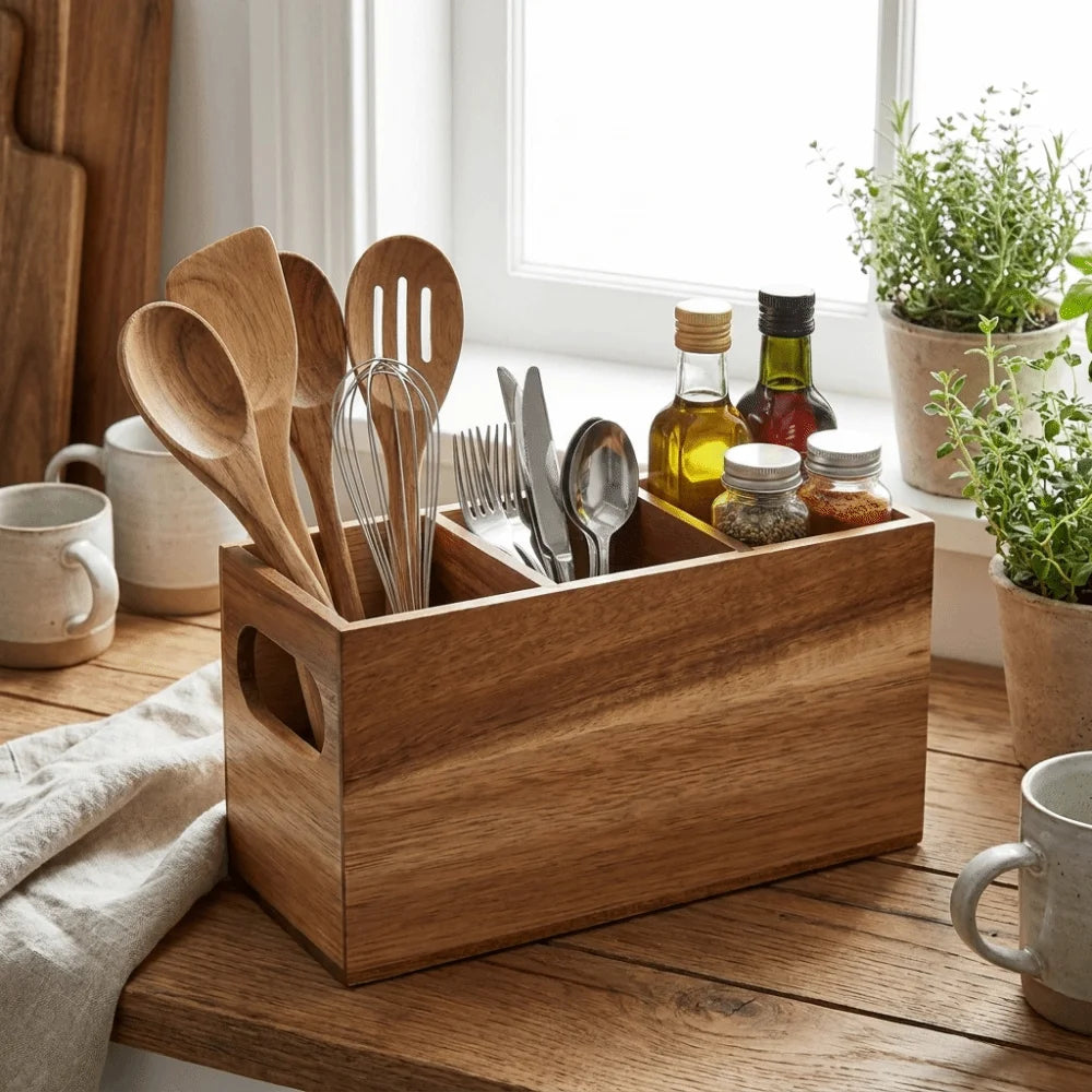 Kitchen Tools Wooden Utensil Organizer 3 Compartment Space Saving Storage Rack Durable Rustic Cutlery Holder Kitchen