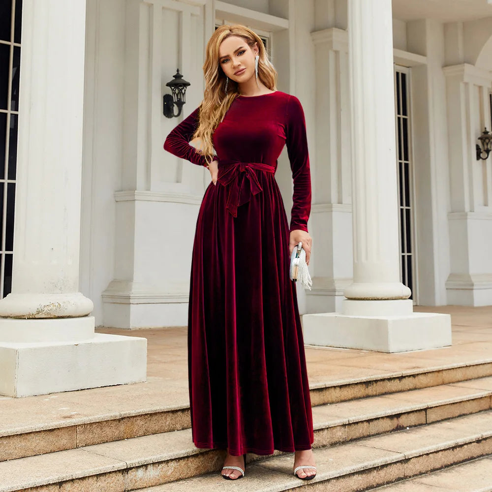 Spring 2025 Elegant Red Long Dress Velvet Solid Color Premium Formal Evening Vestidos Festa Luxo Rojo Maxi Dresses For Women