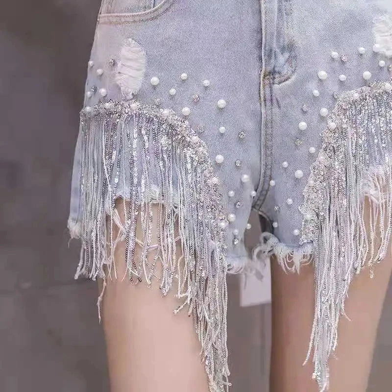 2026 Summer New Personalized Denim Shorts for women's High waisted Diamond Studded Heavy industry Sequin Tassel Fashion Shorts