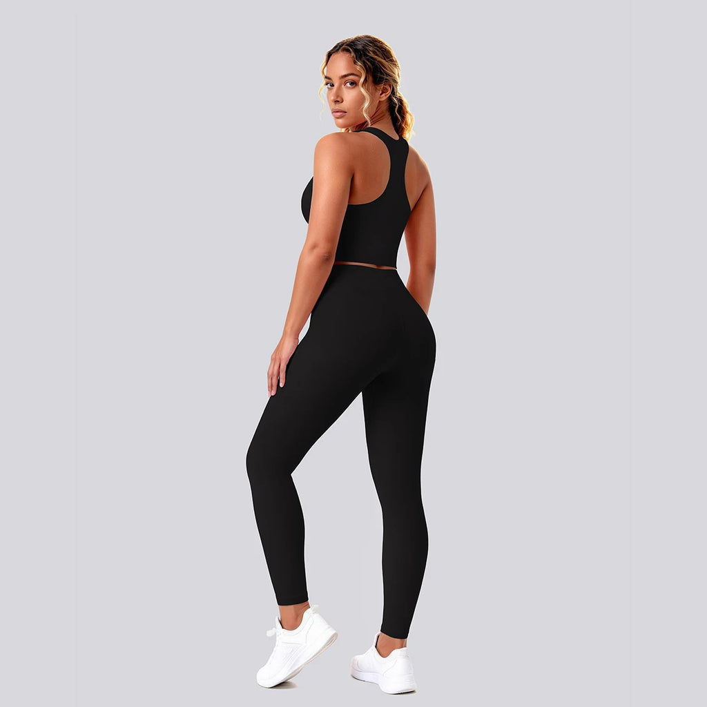 2PCS Solid Color Yoga Set for Woman's Gather Beautiful Back I-shaped Vest Shock-absorbing Running Yoga Tank Top Push Up Pants
