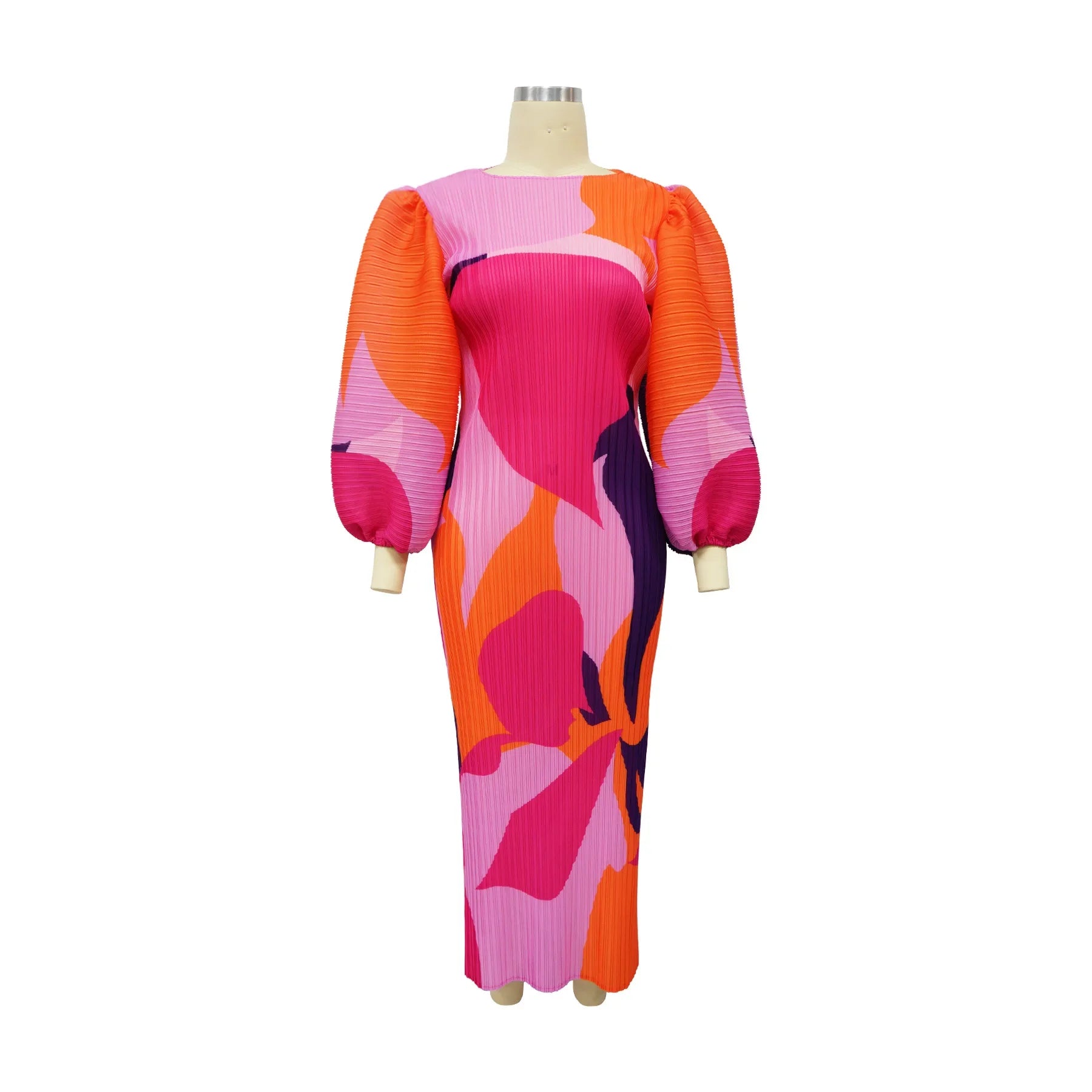 Elegant Women Pleated Half Lantern Sleeve O-neck Slim Maxi Long Dress Print Fashion Autumn 2025 Ruched Dresses Vestidos