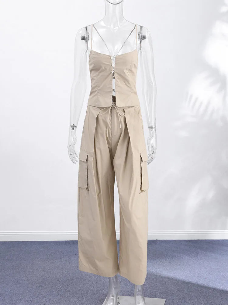 Women 2 Piece Pant Sets Women Khaki Spaghetti Strap Corset Cami Top Pocket Wide Leg Cargo Pants 2026 Matching Vacation Outfits