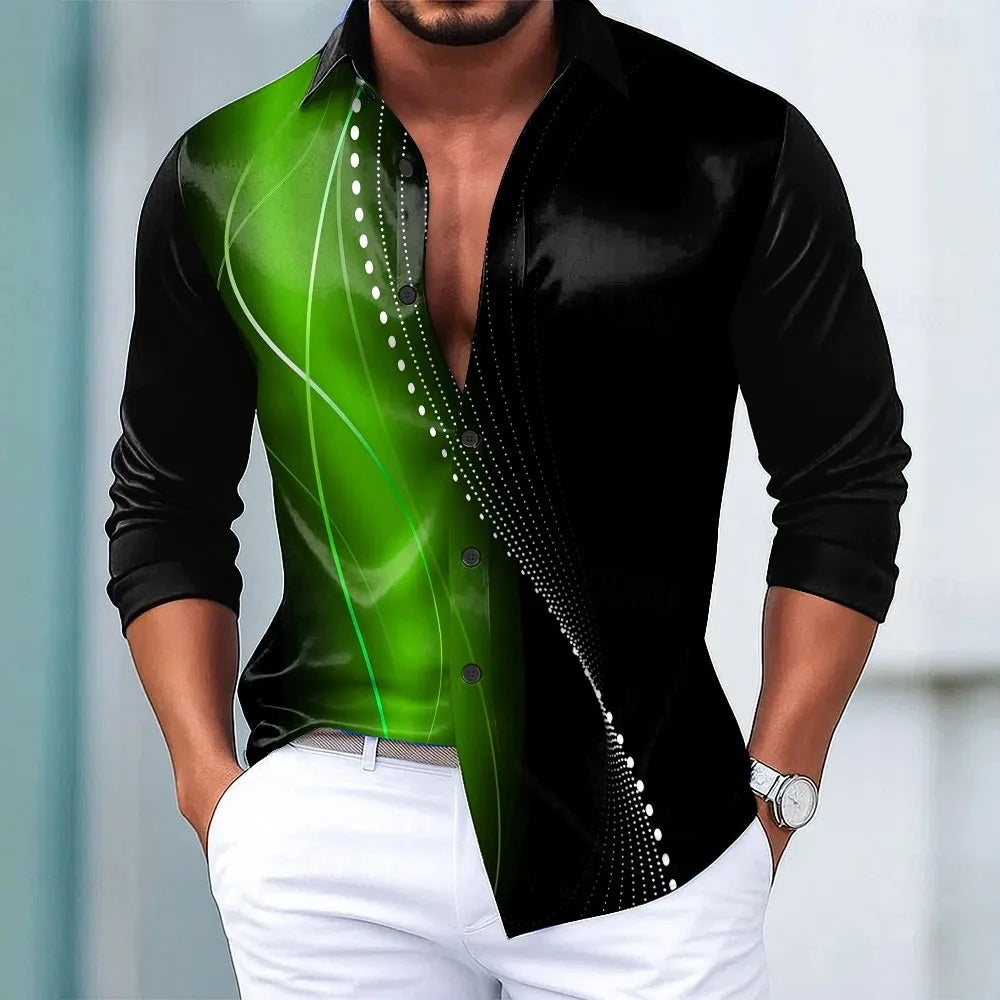 New men's geometric gradient line satin shirt, fashionable casual vacation day wear, lapel 3D printed button up shirt
