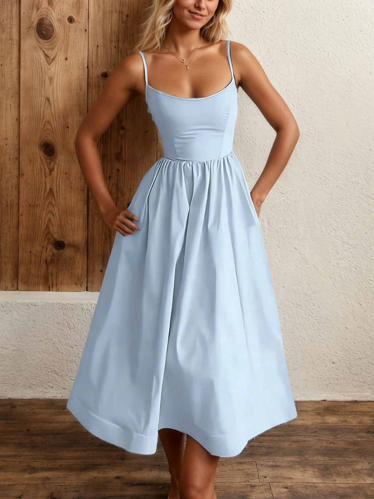 Elegant Solid Color Cami Dress Summer Fashion New Sweet Women Scoop Neck Spaghetti Strap High Waist Pleated A-Line Sundress