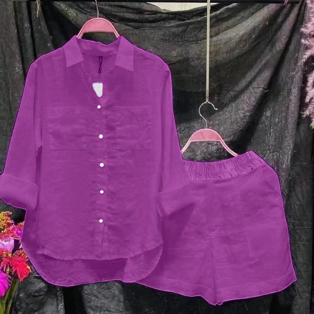 2 Pcs/Set Women Shirt Shorts Set Solid Color Loose Long Sleeves Elastic Waist Single-breasted Patch Pockets Irregular Hem Lapel