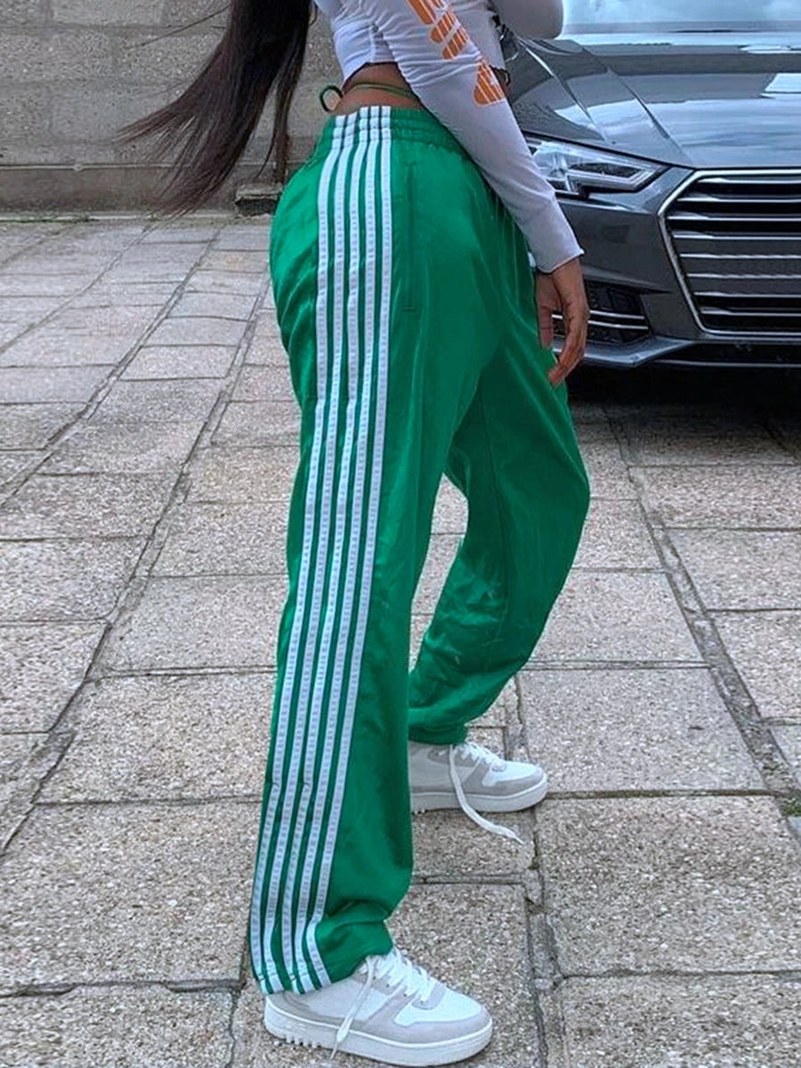 New Fashion Womens Striped Pants Loose Elastic Waist Drawstring Straight Leg Casual Sweatpants With Pockets Streetwear S M L
