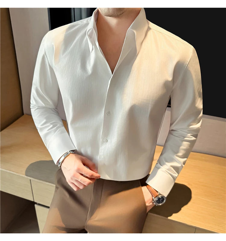 Men's 2026 Spring Luxury Lyocell Cotton Shirt, Leather-Like Texture Jacquard V-Neck, Long Sleeve Business Casual Top