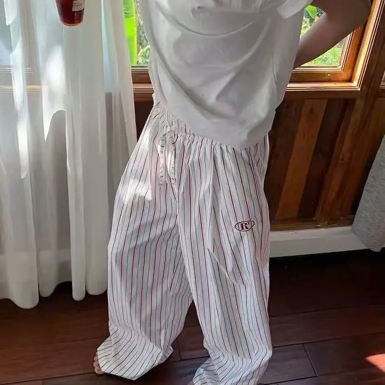 Classic Women Summer Vertical Striped Wide Leg Pants Elastic Drawstring High Waist Mini Embroidery Logo Loose Casual Trousers