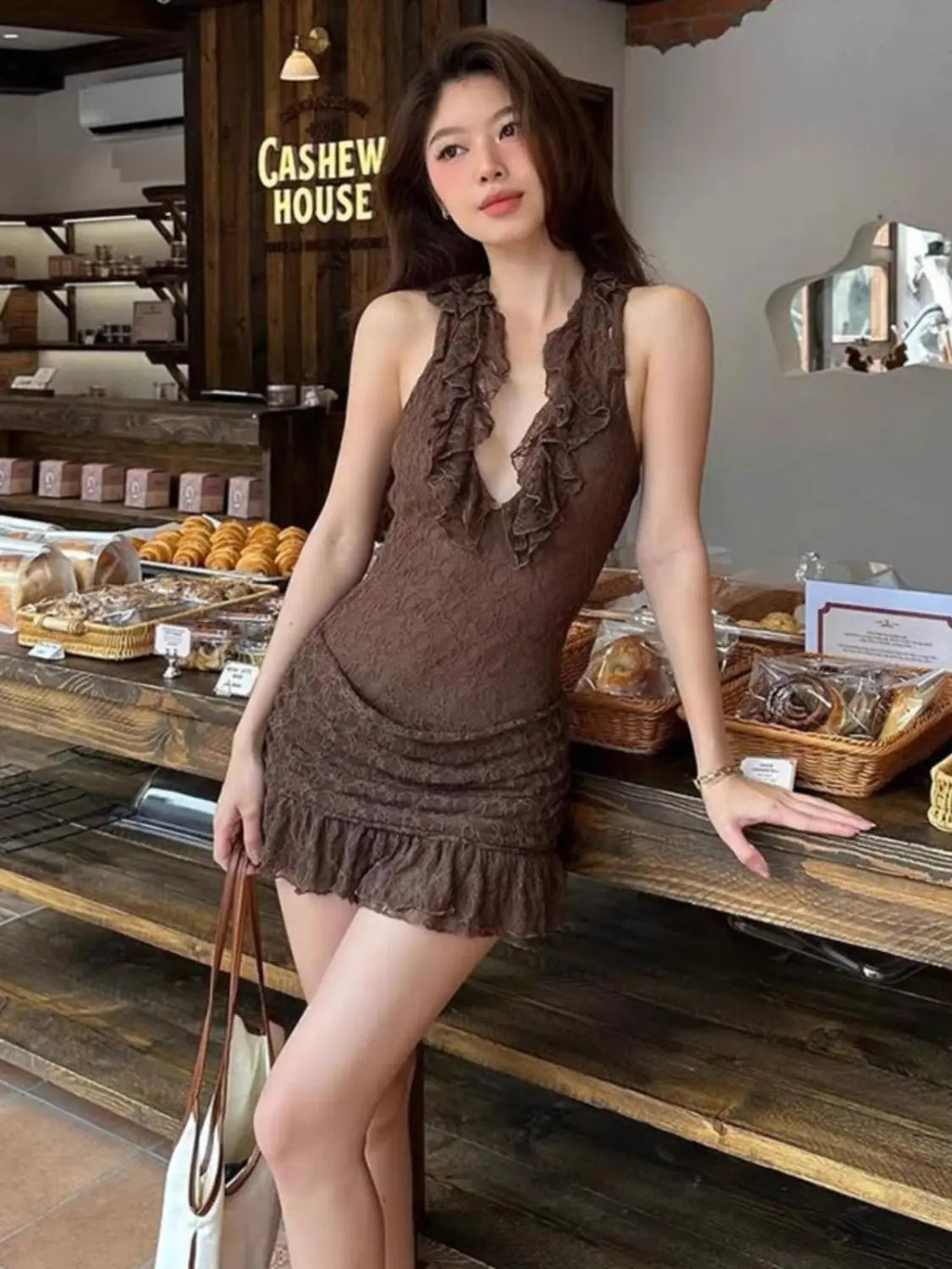 Sexy retro vacation ruffle edge deep V halter neck dress female slim slim slim skirt