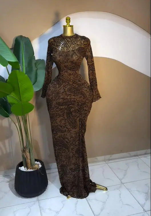CM.YAYA Women Long Sleeve Ruched Mesh See Though with Lining Bodycon Long Dress 2025 Fall Evening Birthday Sexy Party Dresses