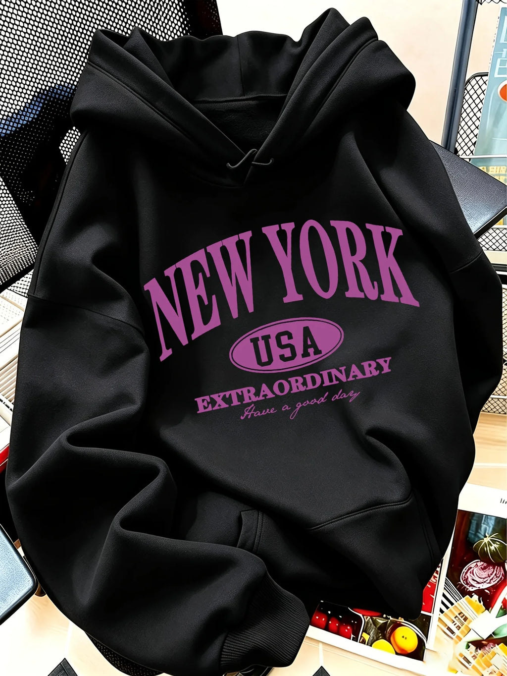Letter NEW YORK Print Hooded Sweatshirt Women's American Vintage Style Pullovers Graphic Casual Streetwear Clothes Female Outfit