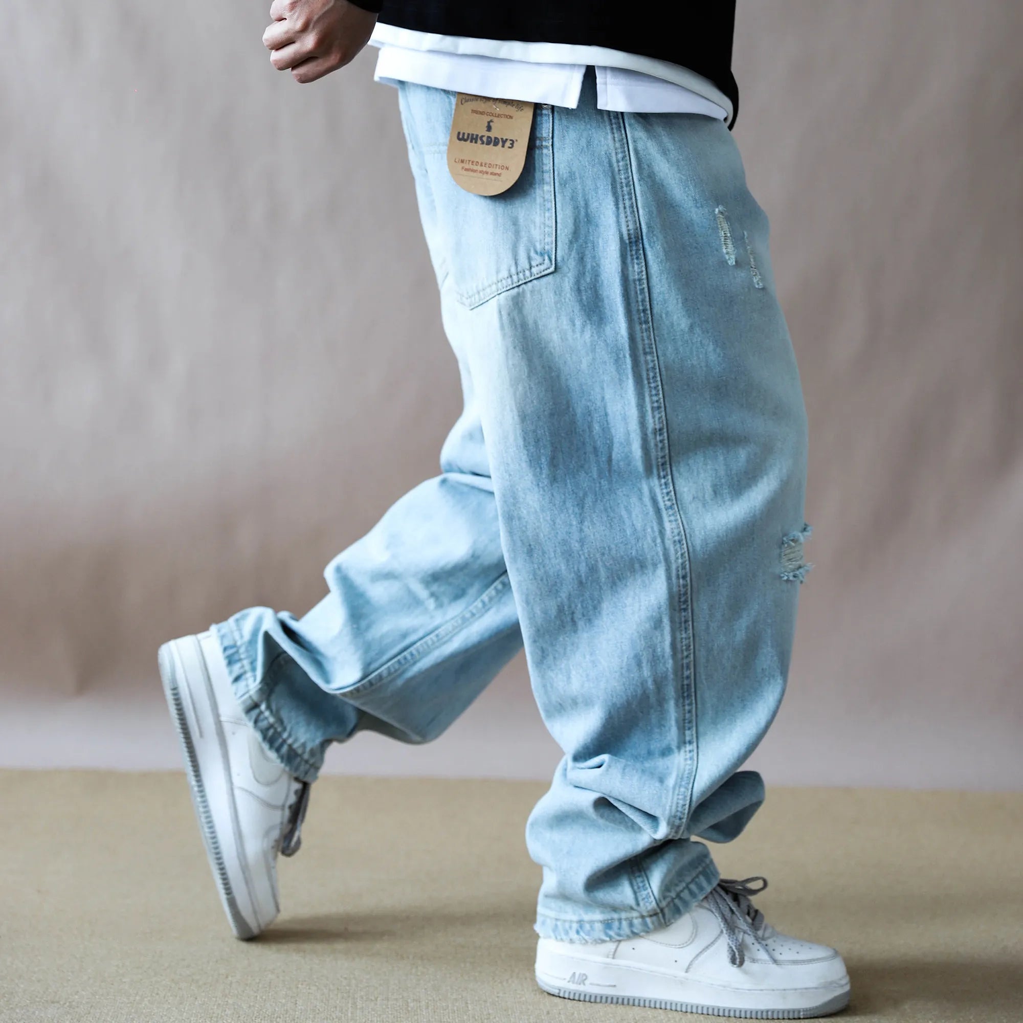 Mens Jeans American Vintage Light Blue Washed Distressed Ripped Patch Baggy Loose Curved Tapered Denim Pants Streetwear Hip Hop