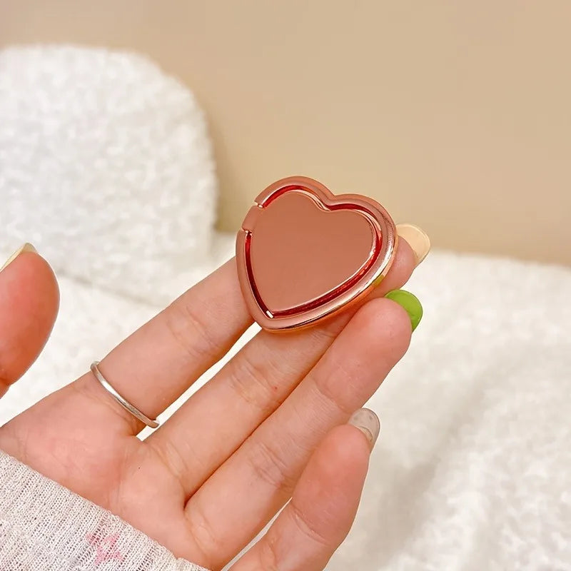 Fashion Universal Plating Gold Silver Black Metal Double Finger Ring Mobile Phone Talk Heart Shape Grip Stand Holder Women Gift