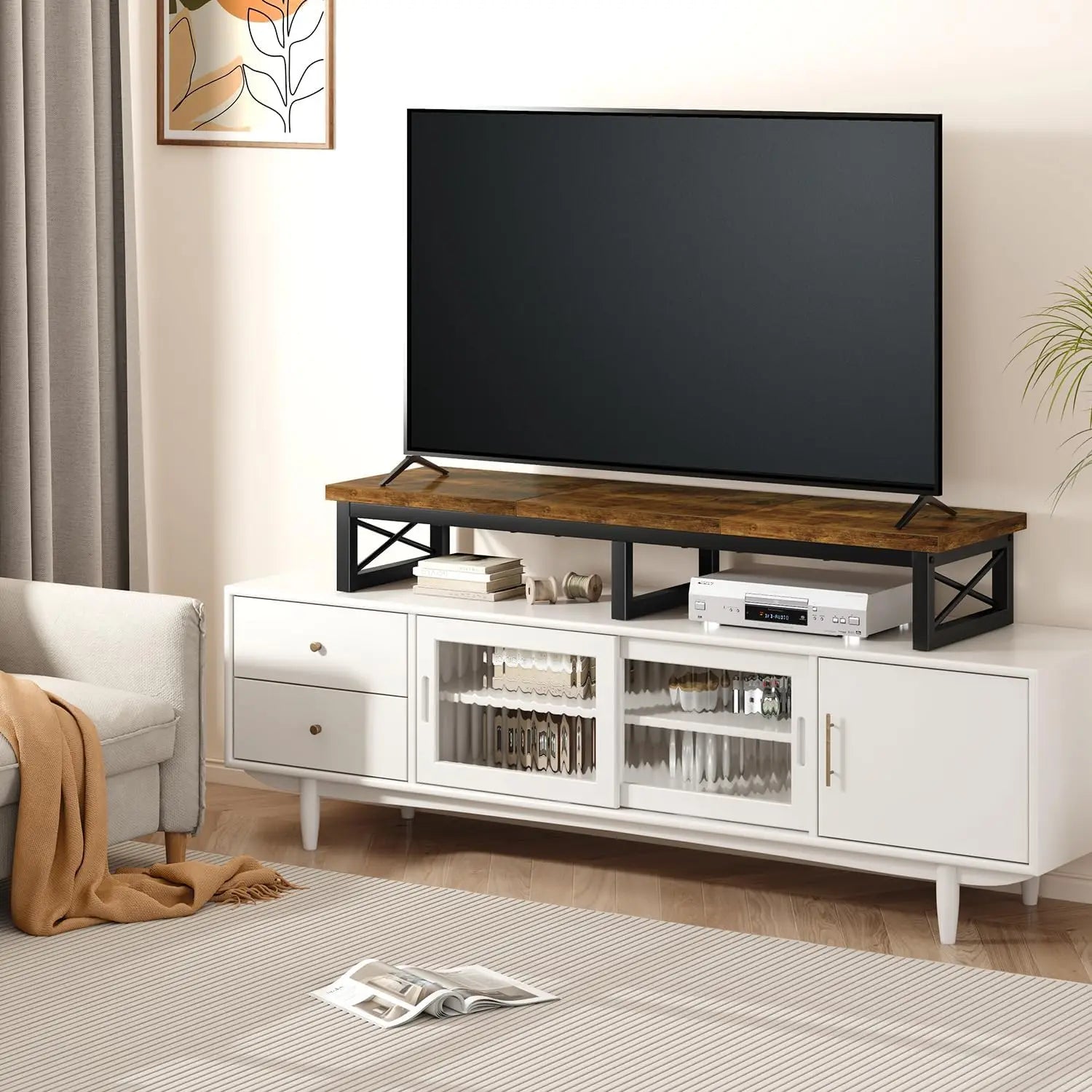 45" Large TV Riser for 32-60 inch TV,Tabletop Short TV Stand with Storage and Steel Legs,Dual Screen Office Desk,Stand R