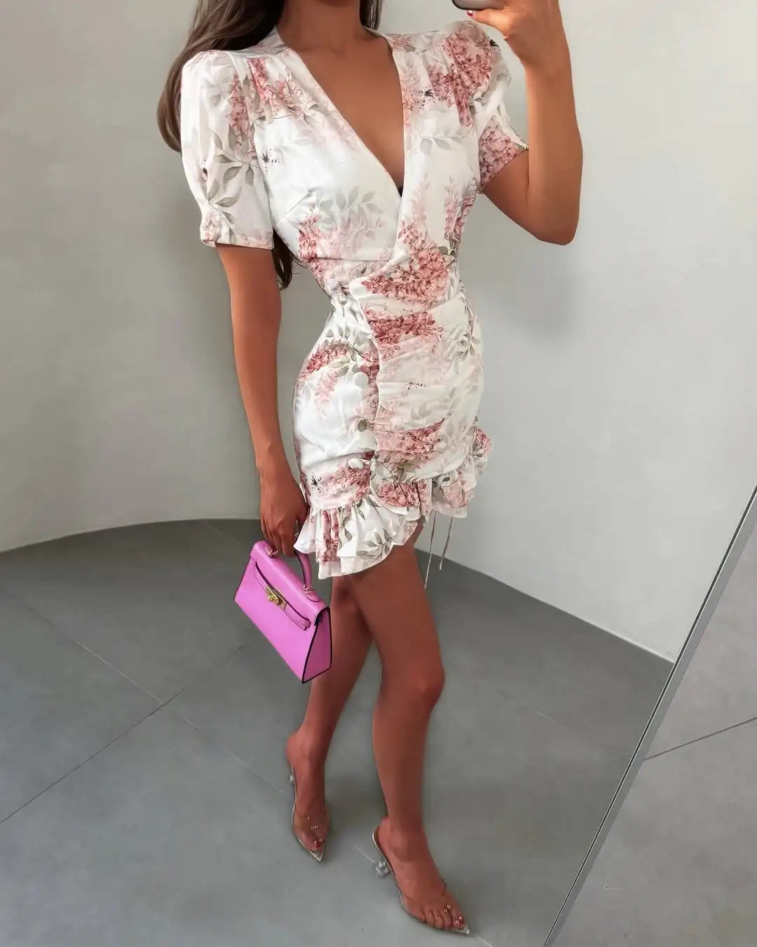 Elegant Floral Printed Mini Dress Women V-neck Short Sleeves Waist Cinching Ruffle Hem Dresses 2026 Lady Summer Vacation Robe