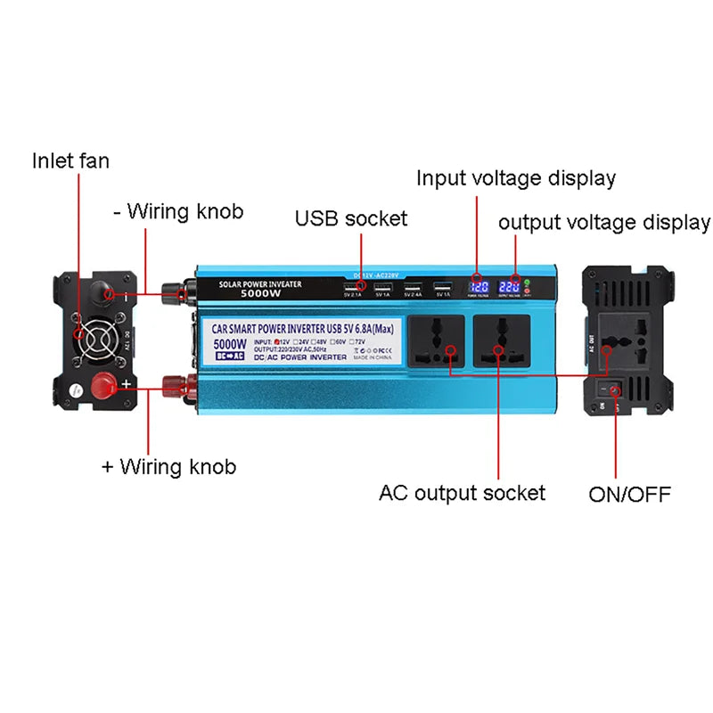 3000W/4000W/5000W Modified Sine Wave Inverter DC 12V to AC 220V Voltage Portable Vehicle Power Converter Adapter LCD Display