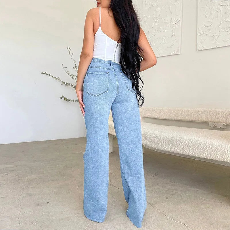 Baggy Jeans Women Flared Denim Pants High Waist Wide Leg Distressed Denim Jeans Light Wash Ripped Frayed Hem Jeans Pants