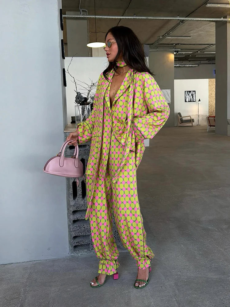 Vintage Polka Dot Women's Pants Sets 2 Pieces Tie Lapel Full Sleeve Blouses Loose Wide Leg Pant 2026 Autumn Lady Vacation Suits
