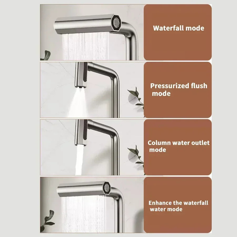 Waterfall Basin Faucets Deck Mounted Kitchen Cold Hot Mixer Tap 4 Modes Sprayer Bathroom Faucet Single Handle Tap Household
