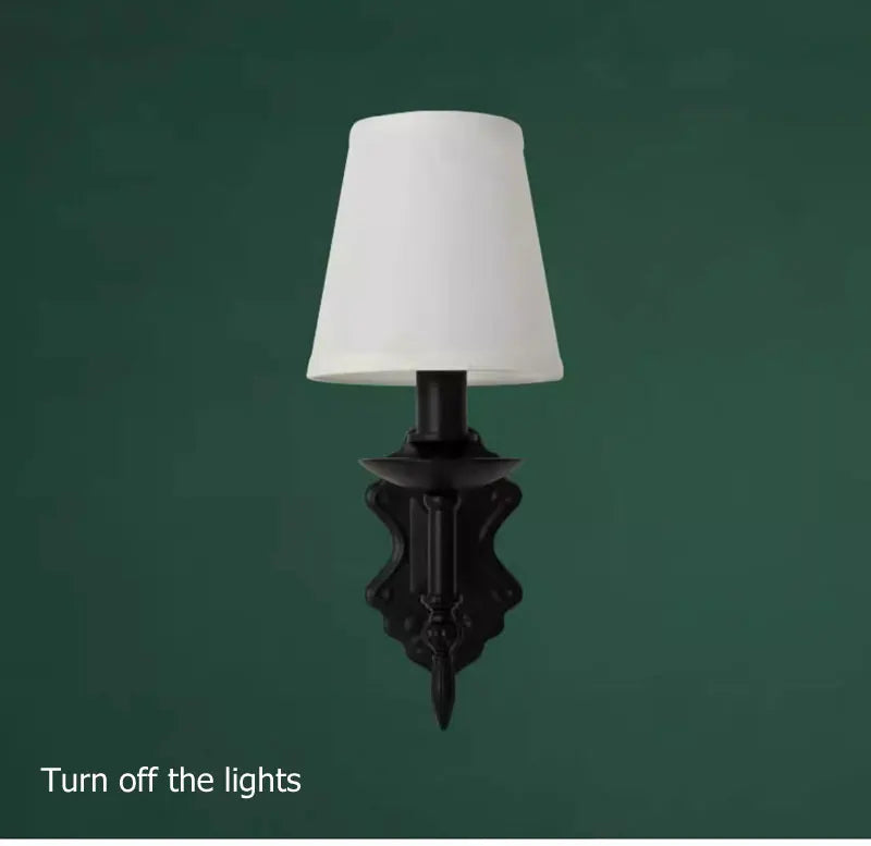 American Black Iron Wall Lamp Retro Living Room Bedroom Bedside Hotel European Countryside Study E14 Fabric Wall Light Sconce