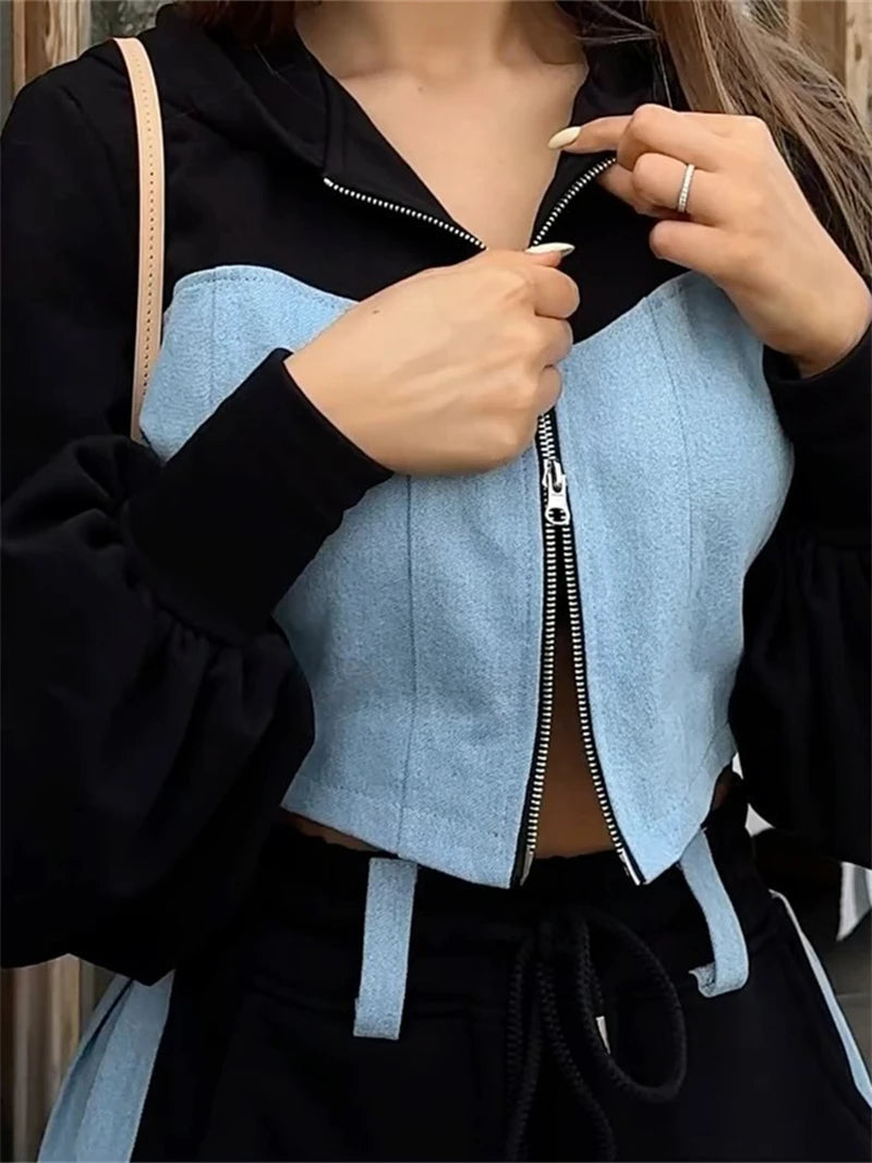 Streetwear 2 Piece Sets Women Outfit Fall Clothes 2024 Women Denim Patchwork Hooded Top and Pant Sets Casual Sweatsuit Woman Set