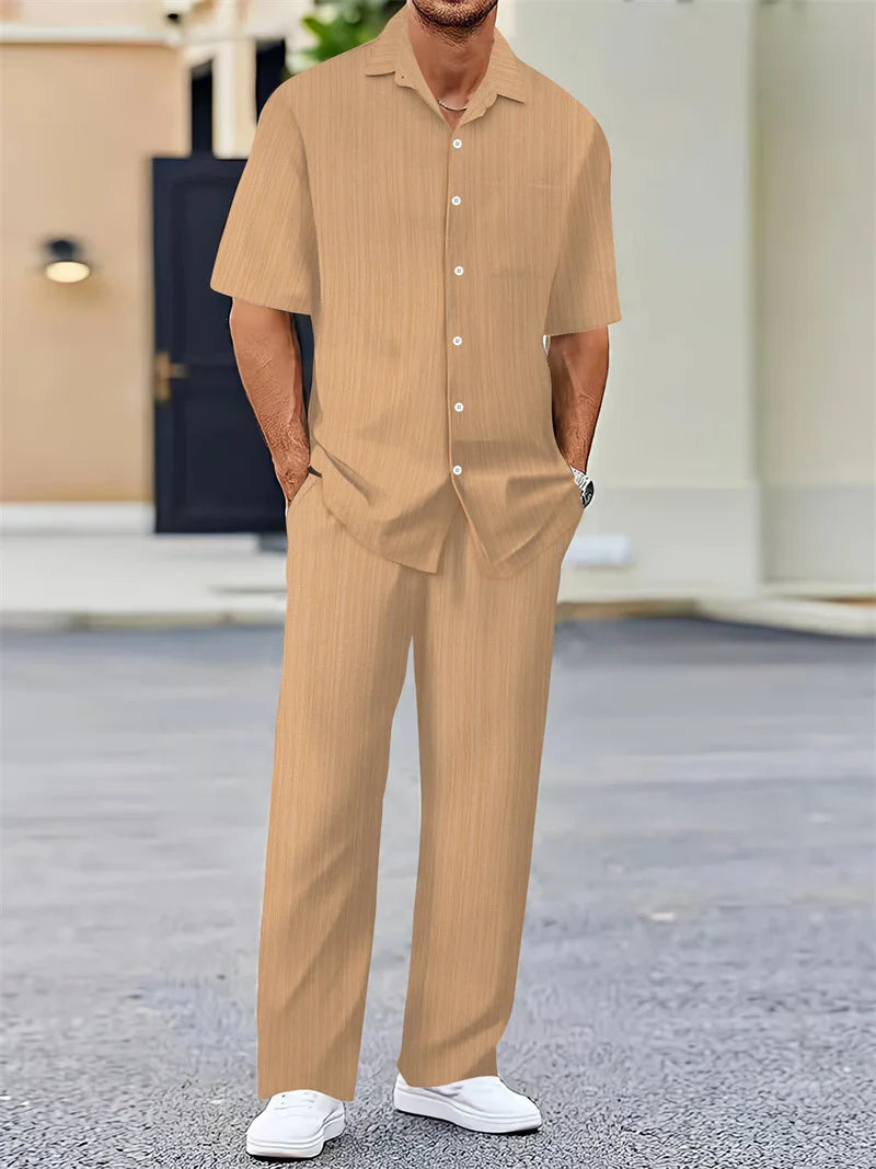spring Summer Men Sets short-sleeve cardigan lapel shirt+trousers suit men's fashion 2 pieces tracksuit striped leisure suit